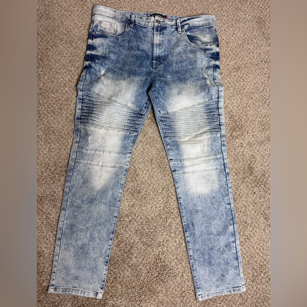 Southpole Jeans Mens 38x32 Blue Distressed Moto Skinny Biker Stretch Denim